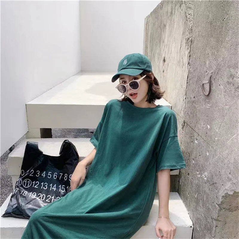 Summer Casual Plus Size T-shirt Dress Solid Color Side Slit Long Dresses for Women Loose Korean Female Clothing Homewear New