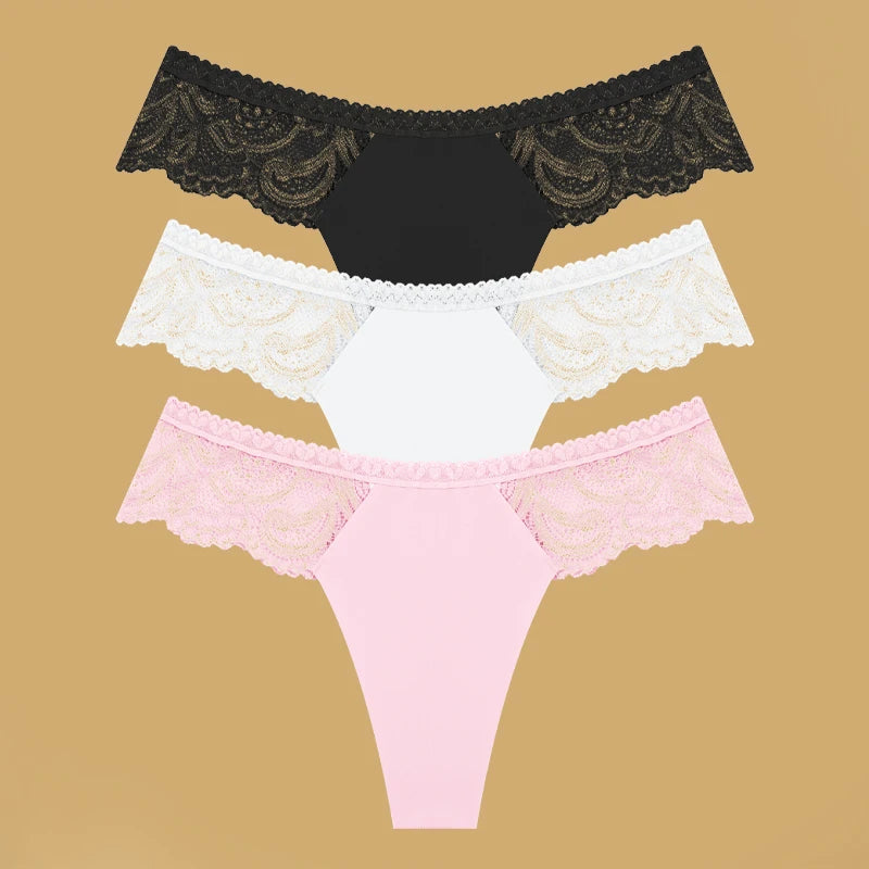 3Pcs Seamless Stretch Thongs Women Comfort Patchwork Lace Panties Female Low-Waist G-string High Quality Floral Soft Lingerie