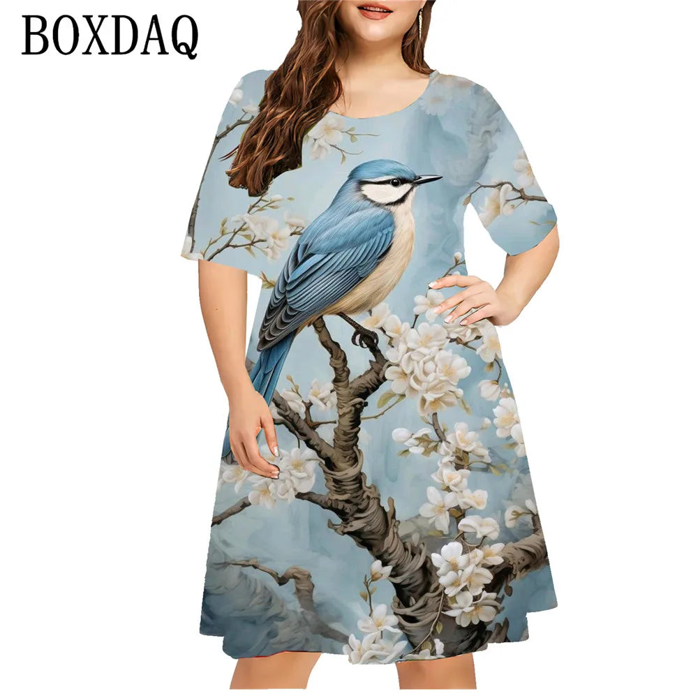 Animal Magpie 3D Printed Women Dresses Vintage Floral Short Sleeve Loose Plus Size Dress Casual Retro O-Neck Ladies Clothing 9XL