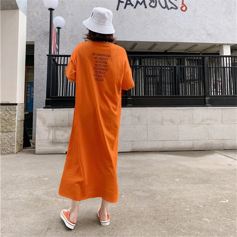 Summer Casual Plus Size T-shirt Dress Solid Color Side Slit Long Dresses for Women Loose Korean Female Clothing Homewear New