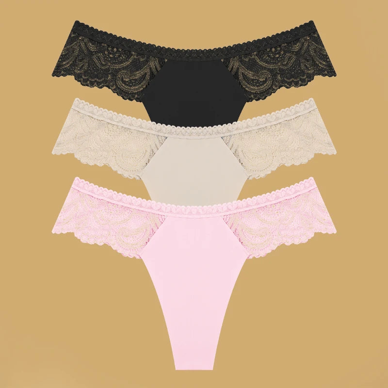 3Pcs Seamless Stretch Thongs Women Comfort Patchwork Lace Panties Female Low-Waist G-string High Quality Floral Soft Lingerie