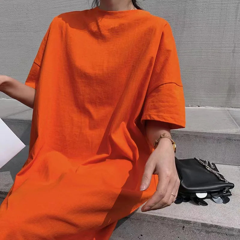 Summer Casual Plus Size T-shirt Dress Solid Color Side Slit Long Dresses for Women Loose Korean Female Clothing Homewear New