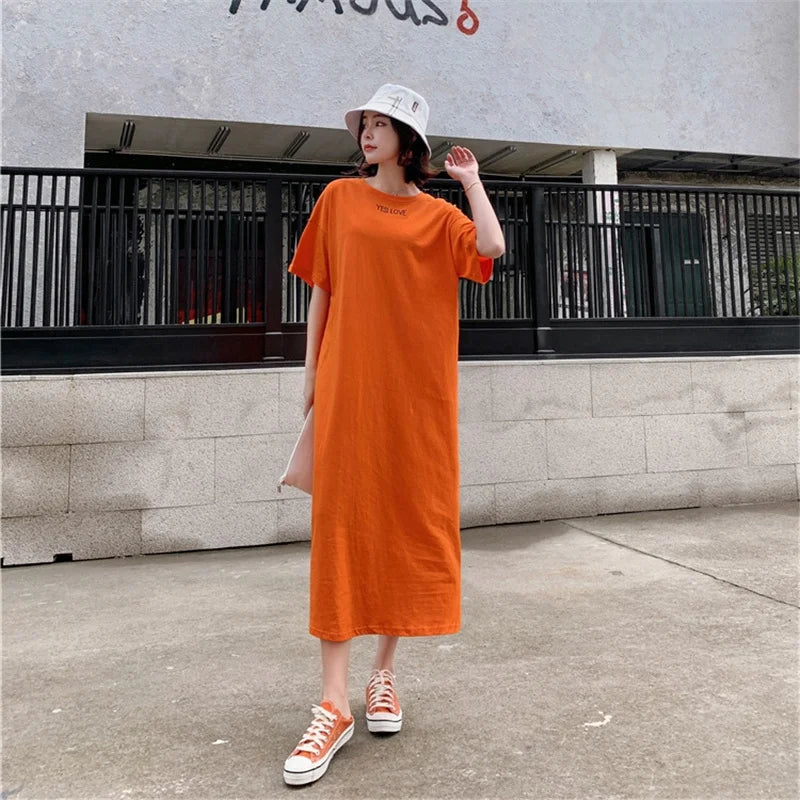 Summer Casual Plus Size T-shirt Dress Solid Color Side Slit Long Dresses for Women Loose Korean Female Clothing Homewear New