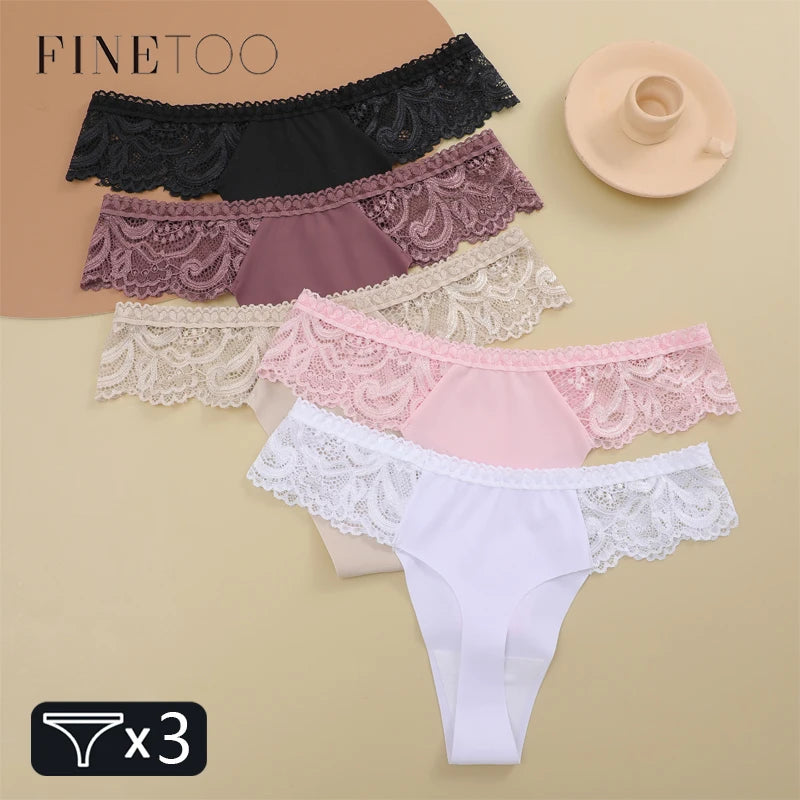 3Pcs Seamless Stretch Thongs Women Comfort Patchwork Lace Panties Female Low-Waist G-string High Quality Floral Soft Lingerie