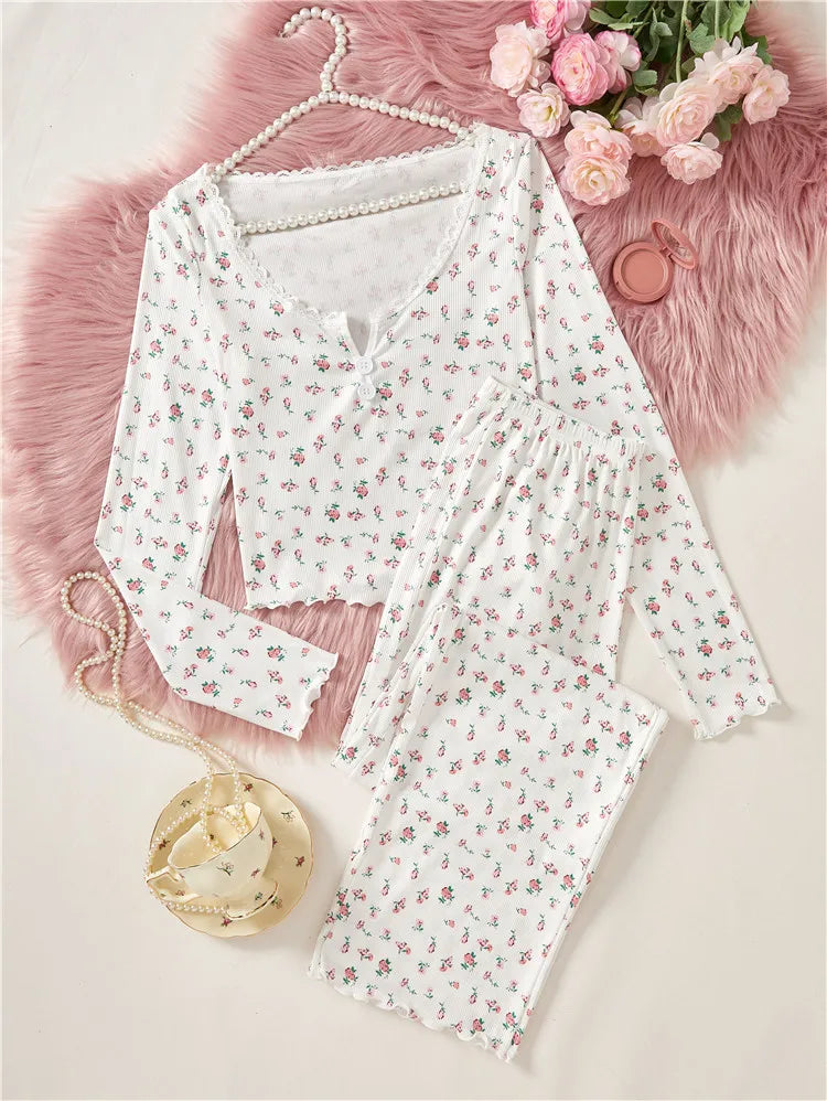 Women's Sleepwear Ditsy Floral Print Lettuce Trim PaJamas Set Elastic Waistband Loungewear Full Sleeve Nightwear