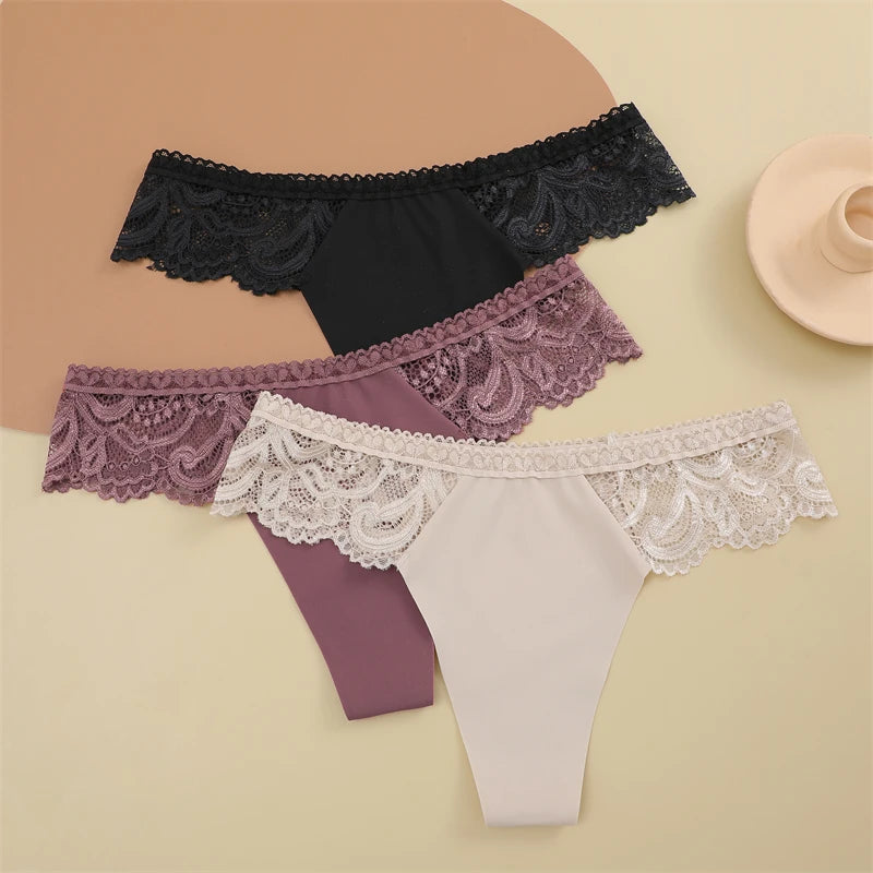 3Pcs Seamless Stretch Thongs Women Comfort Patchwork Lace Panties Female Low-Waist G-string High Quality Floral Soft Lingerie