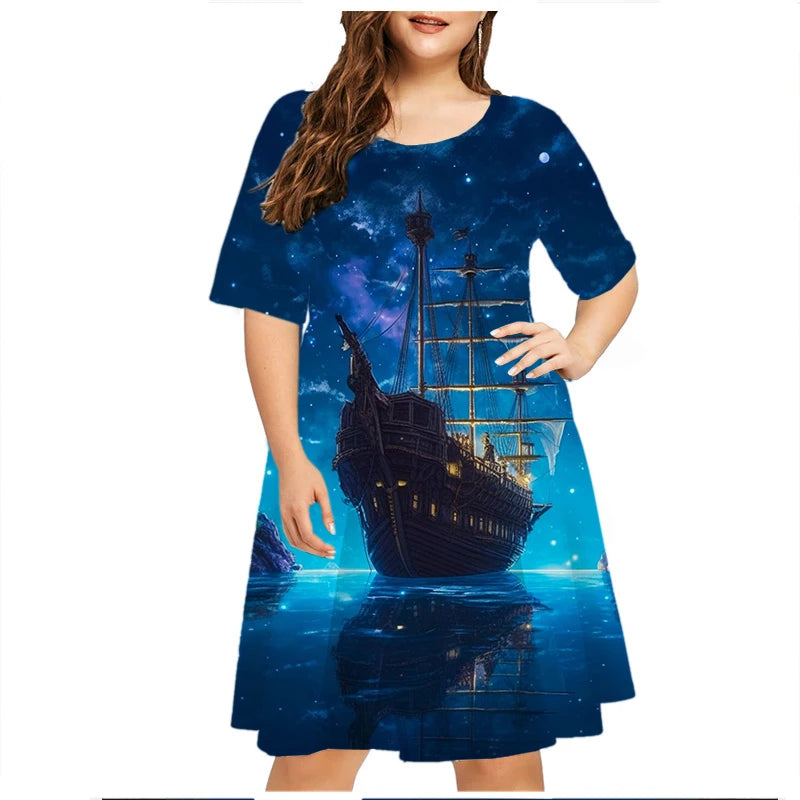 2023 Summer Vintage Ship Scenery Dress Women Short Sleeve Loose Casual Dresses Plus Size Female Clothing 6XL Sundress Vestidos