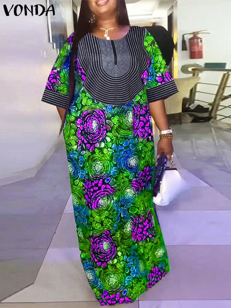 Plus Size Women Long Dress 2024 VONDA Vintage Half Sleeve Floral Printing Robes Maxi Dress Loose Oversize Vestido Streetwear