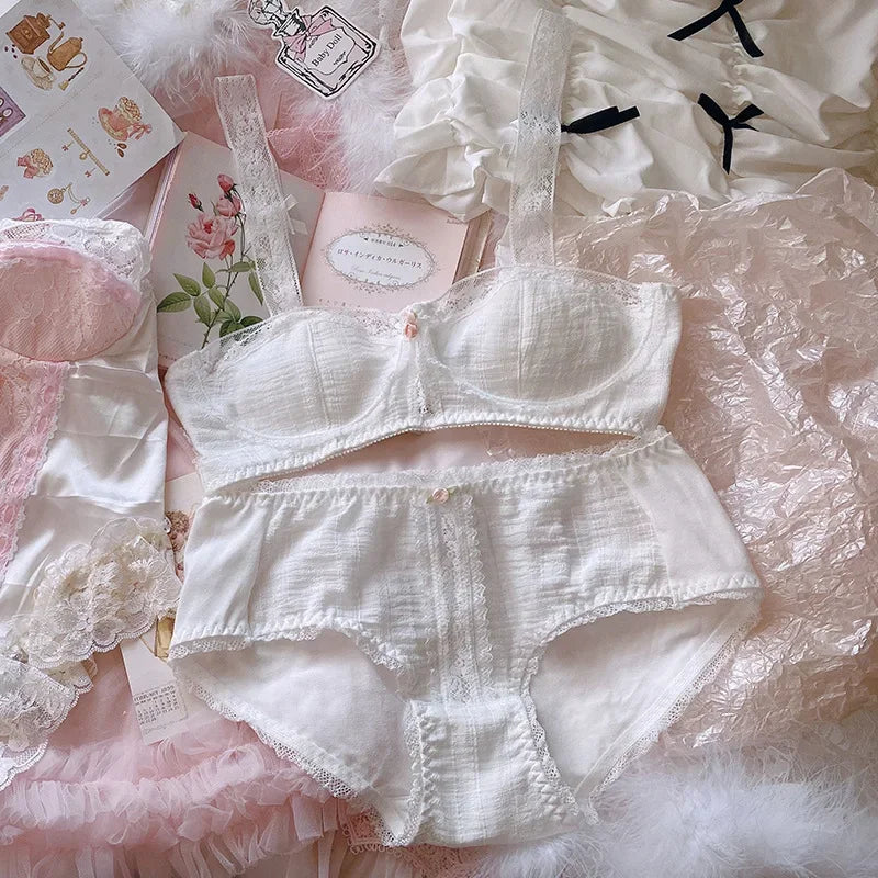 French Underwear Thin White Cotton Lace Small Chest Retro Steel-free Flat Bra Set Bra for Women