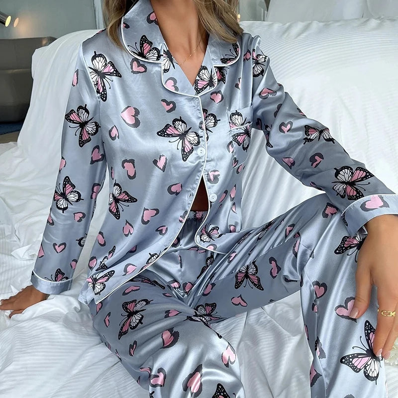 Spring Autumn pajama women Silk Satin pajamas set Long sleeve Shirt with Trouser Sleepwear Loungewear Female Pyjamas Suits Mujer