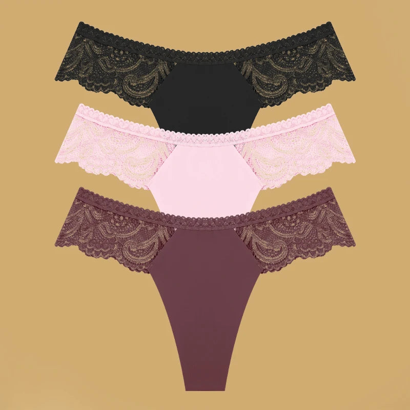 3Pcs Seamless Stretch Thongs Women Comfort Patchwork Lace Panties Female Low-Waist G-string High Quality Floral Soft Lingerie