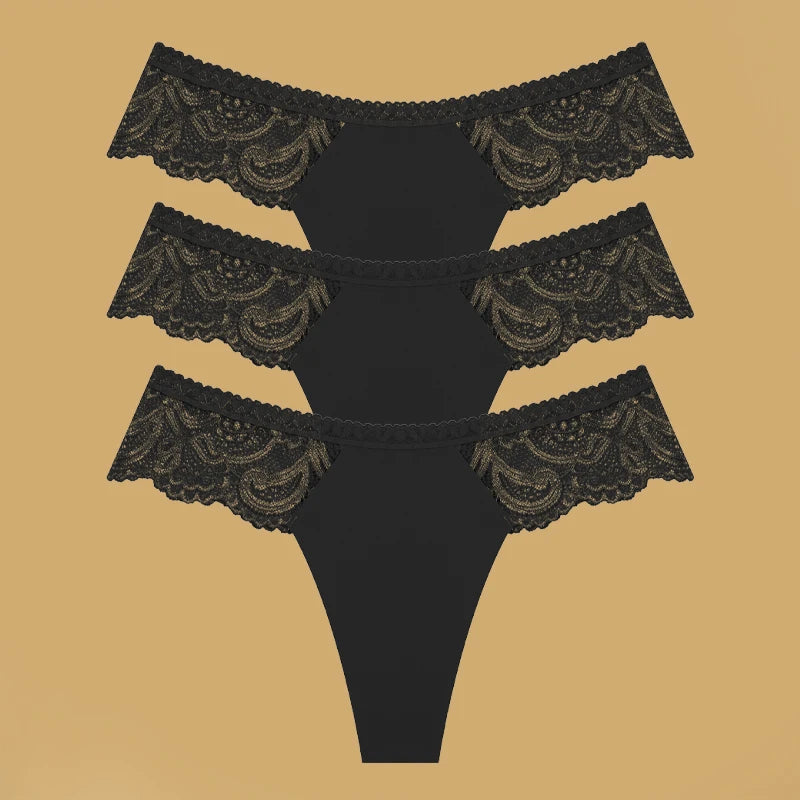 3Pcs Seamless Stretch Thongs Women Comfort Patchwork Lace Panties Female Low-Waist G-string High Quality Floral Soft Lingerie