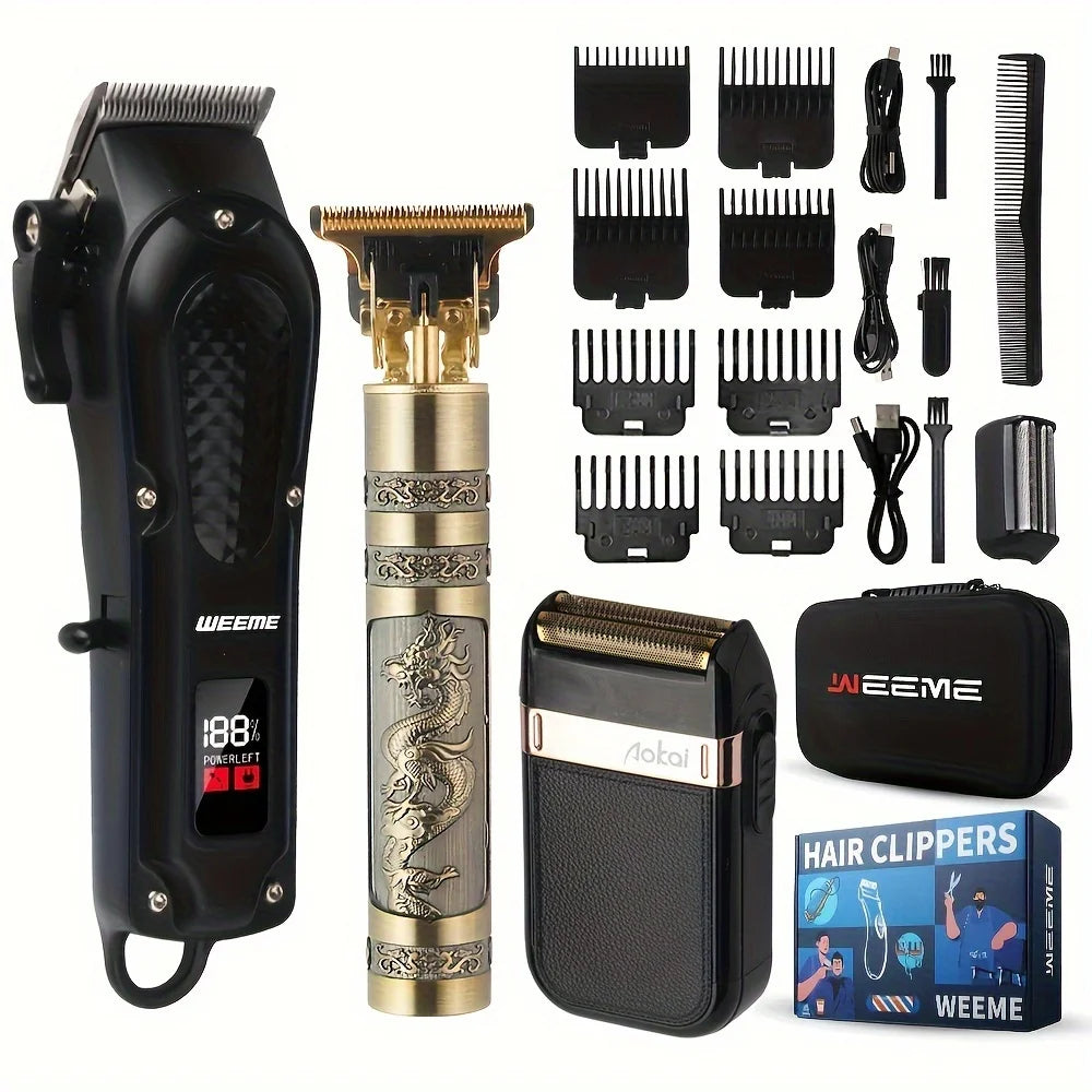 3pc Men's Grooming Kit with LED Display Cordless Hair Clipper Trimmer Shaver - Rechargeable with Adjustable Blade Gift for Dad