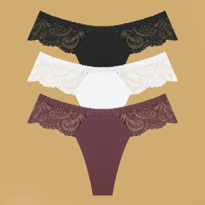 3Pcs Seamless Stretch Thongs Women Comfort Patchwork Lace Panties Female Low-Waist G-string High Quality Floral Soft Lingerie