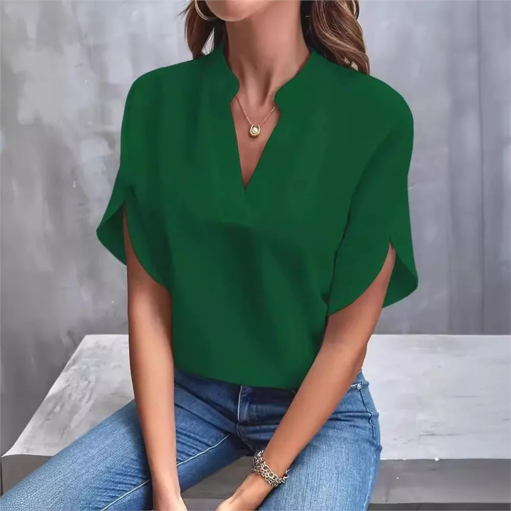 Women's solid color short sleeved top 2024 fashionable summer white casual temperament elegant style V-neck loose top for women
