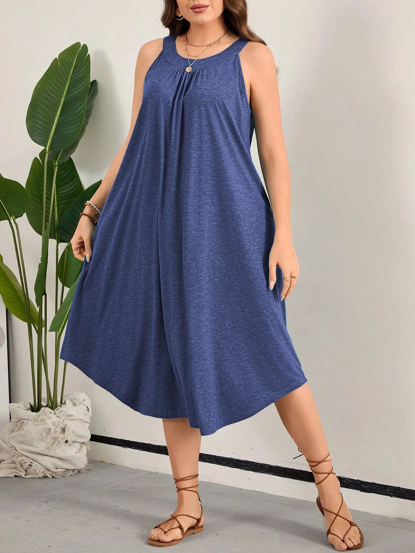 Elegant and Beautiful Beach Women's Summer Clothing Fashion Plus Size party Solid O-neck Sleeveless Women's Dress Free Shipping