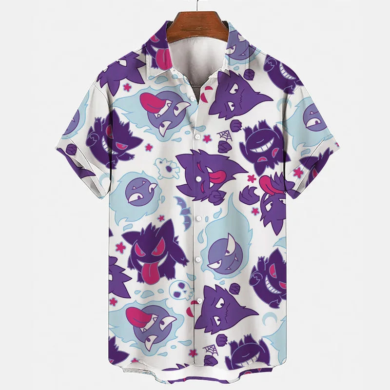 Anime Pokemon Pikachu Gengar Snorlax Floral Shirts Men Women Shorts Short Sleeves Button Couple Pajamas Set Trendy Beach Coat