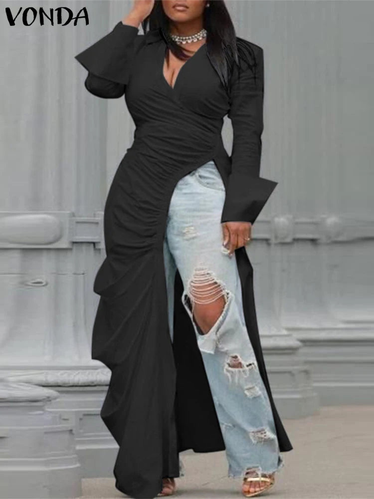 Plus Size 5XL VONDA Women Irregular Blouse 2024 Fashion Tops Causal Pleated Split Shirts Lapel Collar Long Sleeve Blusas