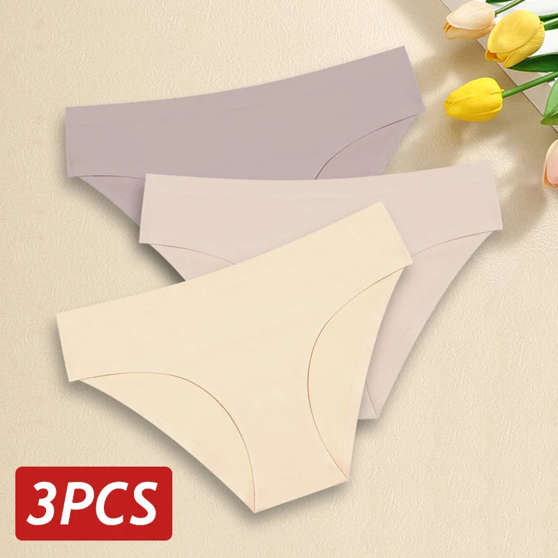 3PCS/Set Seamless Pantie For Women Low Rise Briefs 9 Solid Colors Ultra Thin Underwear Ice Silk Breathable Underpants Female