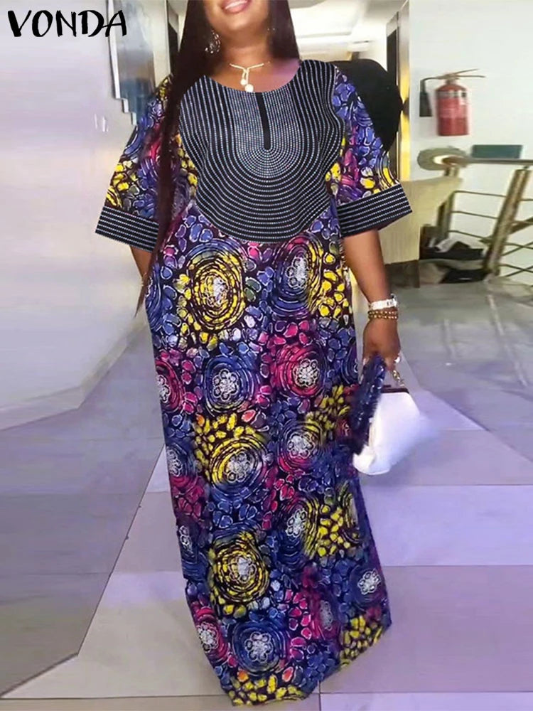 Plus Size Women Long Dress 2024 VONDA Vintage Half Sleeve Floral Printing Robes Maxi Dress Loose Oversize Vestido Streetwear