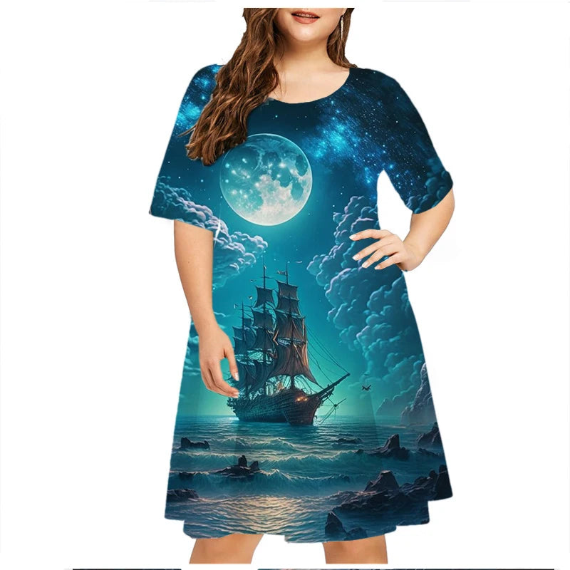 2023 Summer Vintage Ship Scenery Dress Women Short Sleeve Loose Casual Dresses Plus Size Female Clothing 6XL Sundress Vestidos