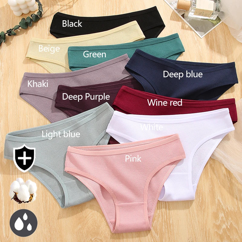 3Pcs Women Waffle Cotton Panties Low-Rise Comfortable