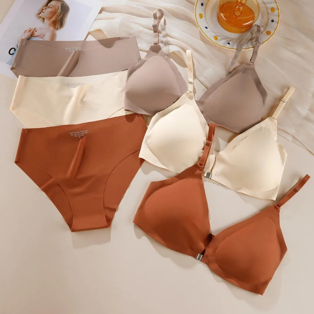 ZXYOUPING Ice Silk Seamless Bra and panty set, Beautiful Back Push-up Bra,Comfortable No Steel Rims Adjustable Plus Size Wireles