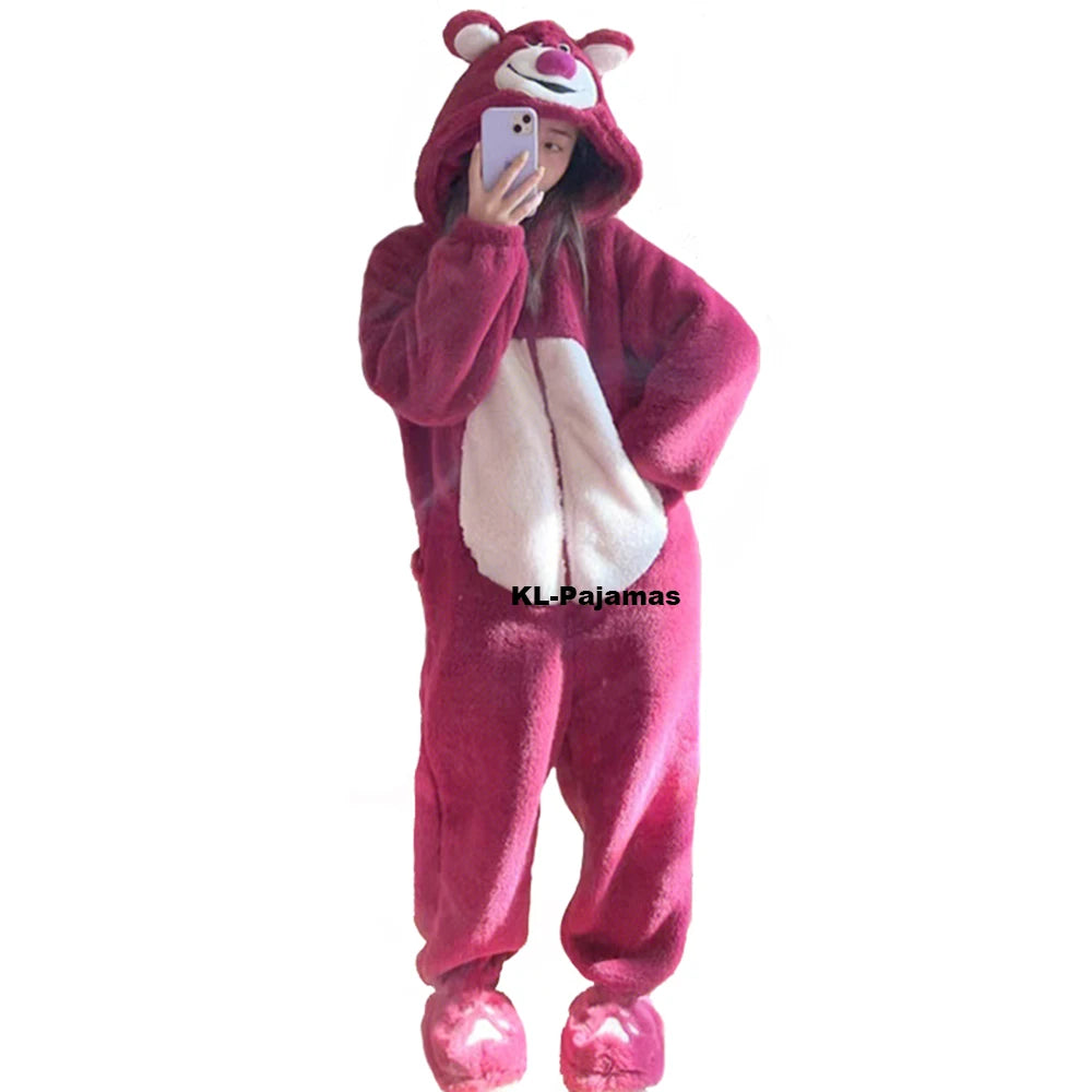 Women Onesie Animal Pajamas Winter Thicken Warm Flannel Bear Cosplay Halloween Costume Anime Sleepwear Plush One Piece Jumpsuits