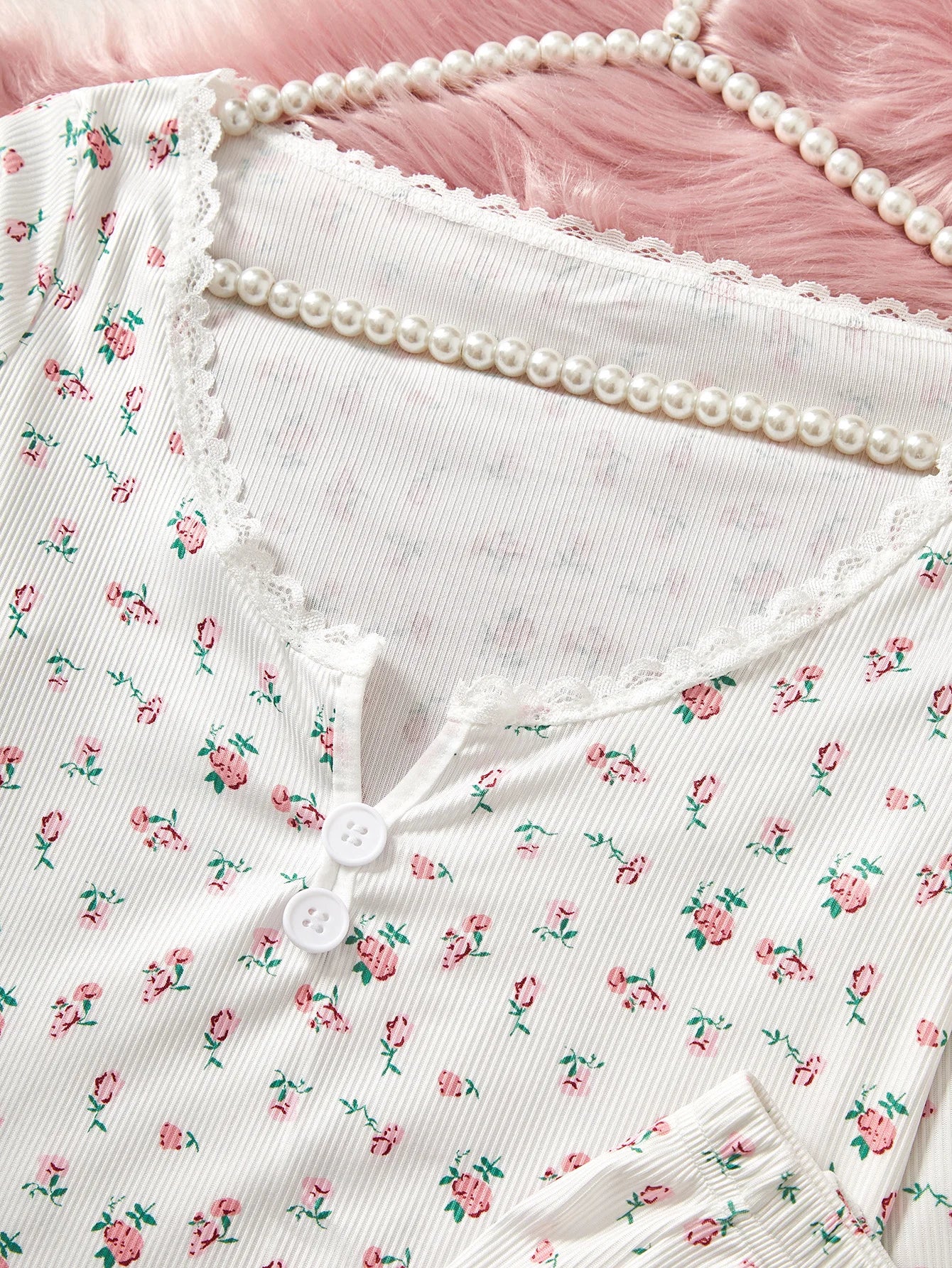 Women's Sleepwear Ditsy Floral Print Lettuce Trim PaJamas Set Elastic Waistband Loungewear Full Sleeve Nightwear