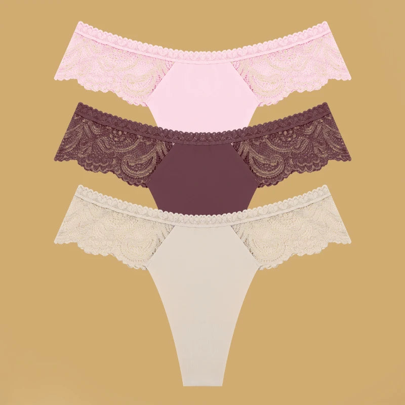 3Pcs Seamless Stretch Thongs Women Comfort Patchwork Lace Panties Female Low-Waist G-string High Quality Floral Soft Lingerie