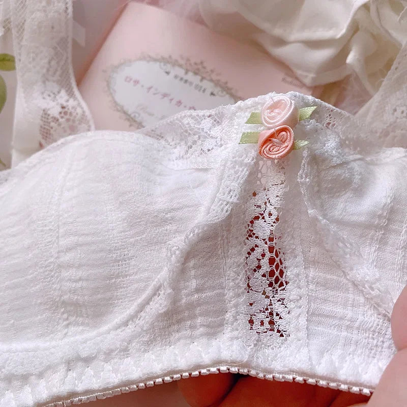 French Underwear Thin White Cotton Lace Small Chest Retro Steel-free Flat Bra Set Bra for Women
