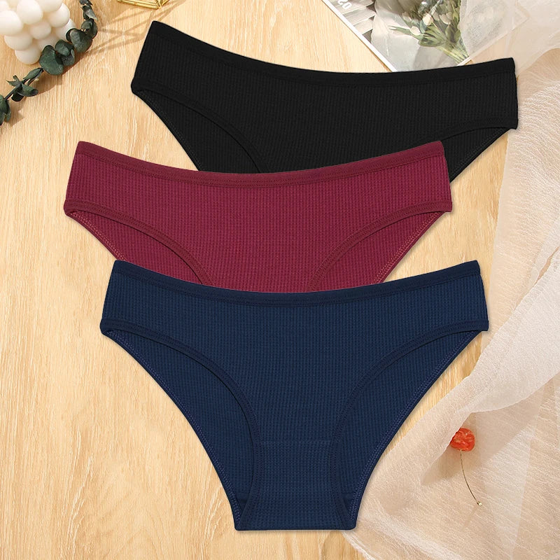 3Pcs Women Waffle Cotton Panties Low-Rise Comfortable