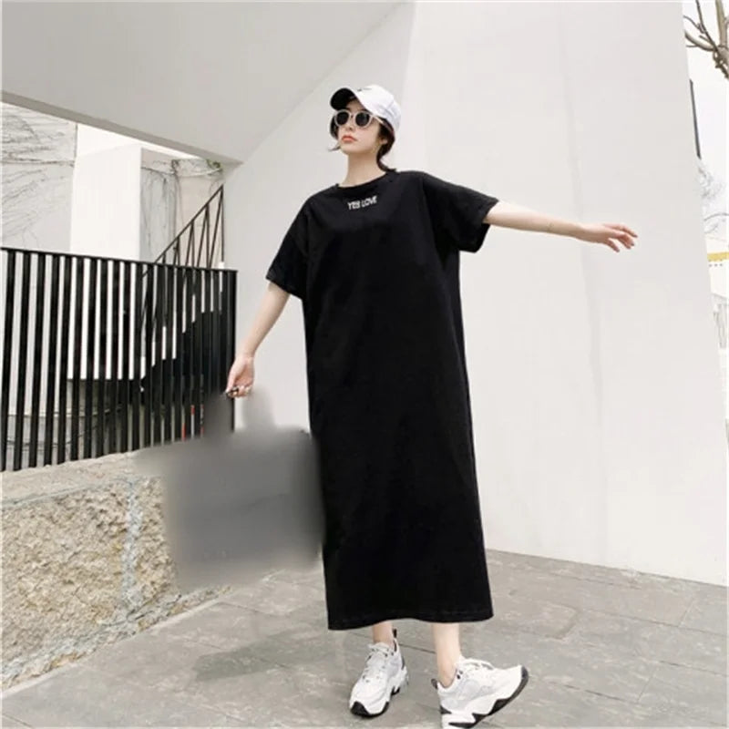 Summer Casual Plus Size T-shirt Dress Solid Color Side Slit Long Dresses for Women Loose Korean Female Clothing Homewear New