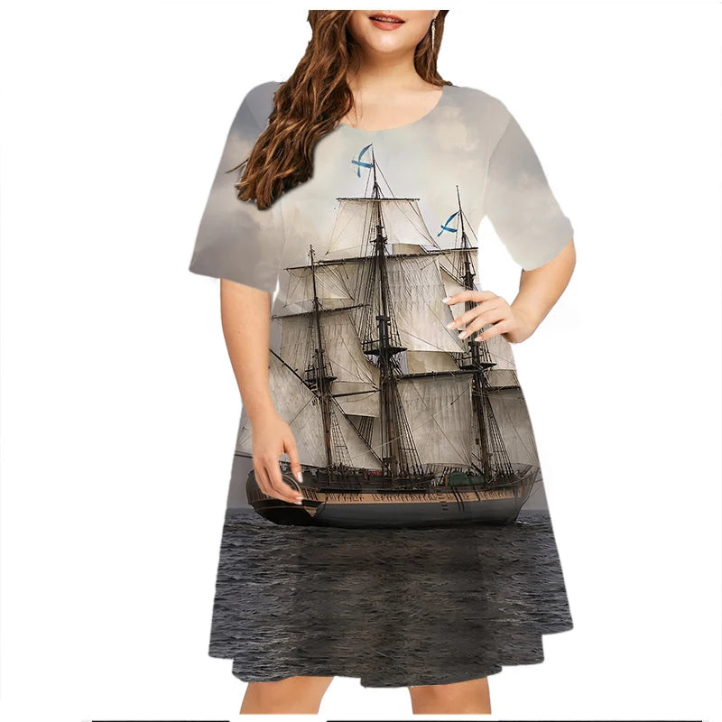 2023 Summer Vintage Ship Scenery Dress Women Short Sleeve Loose Casual Dresses Plus Size Female Clothing 6XL Sundress Vestidos