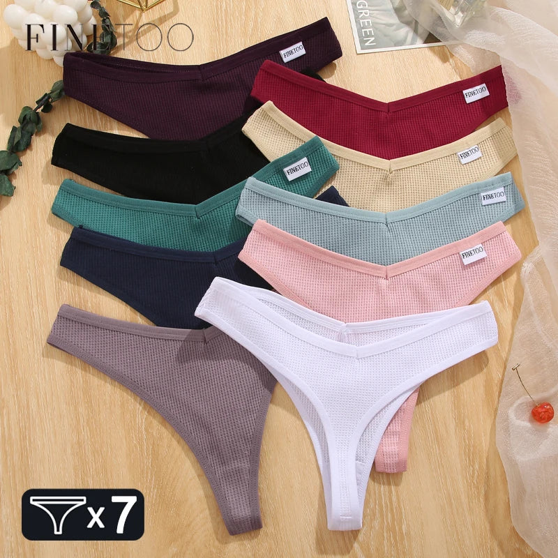 FINETOO 7Pcs Women Cotton Thongs Clothing Comfortable Waffle G-string Panties Female Low-Rise T-Back Underwear Bikini Lingerie
