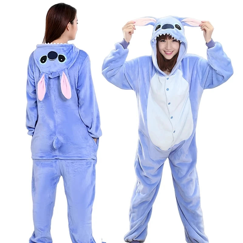 Anime Stitch Cosplay Pajamas Anime Stitch Angel Cute Costume Jumpsuit Pajamas Hooded Sleepwear Christmas Costume for Men Women