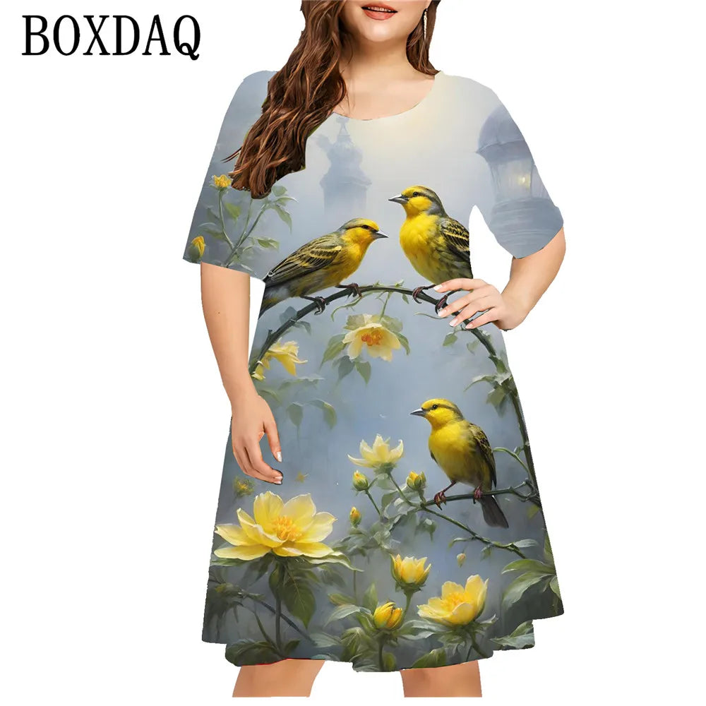 Animal Magpie 3D Printed Women Dresses Vintage Floral Short Sleeve Loose Plus Size Dress Casual Retro O-Neck Ladies Clothing 9XL