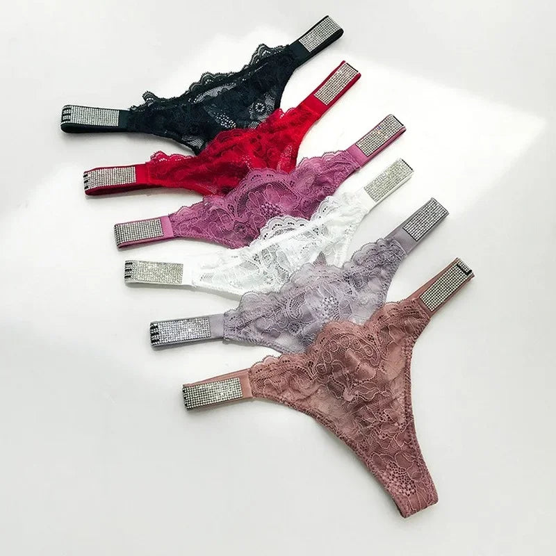 2024 New Lace G-string Thread Cotton Thong Diamond Women's Underwear Solid Color Breathable Waist Size Girls Briefs Plus Women