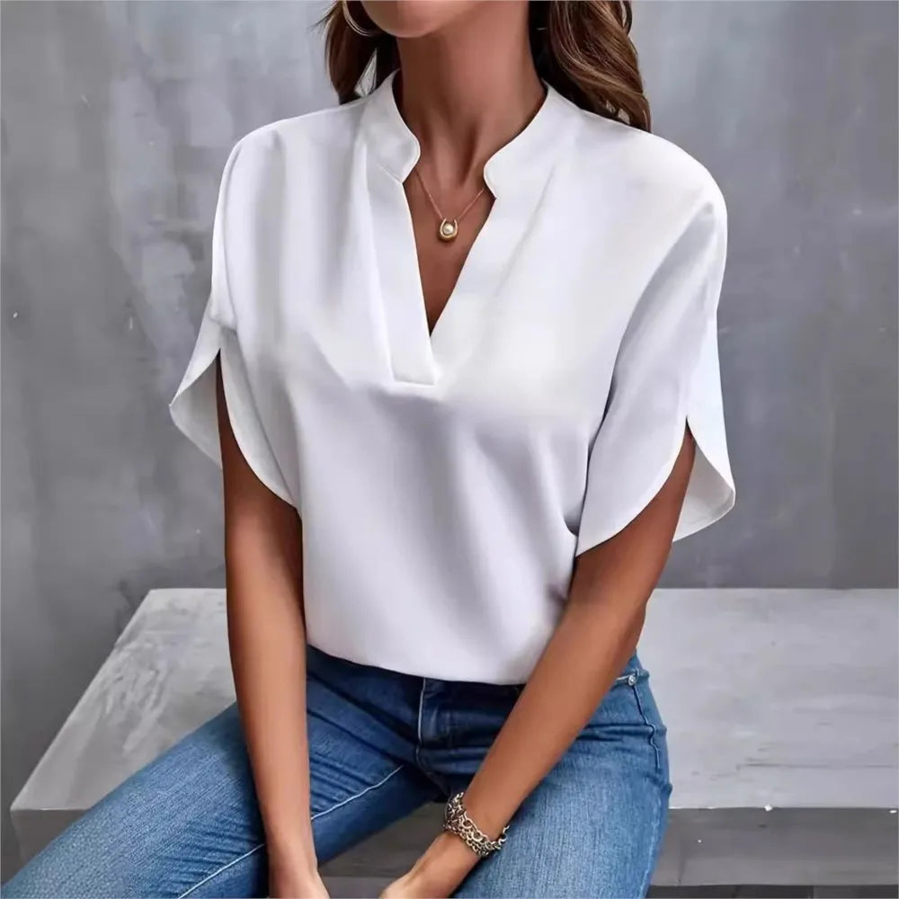 Women's solid color short sleeved top 2024 fashionable summer white casual temperament elegant style V-neck loose top for women