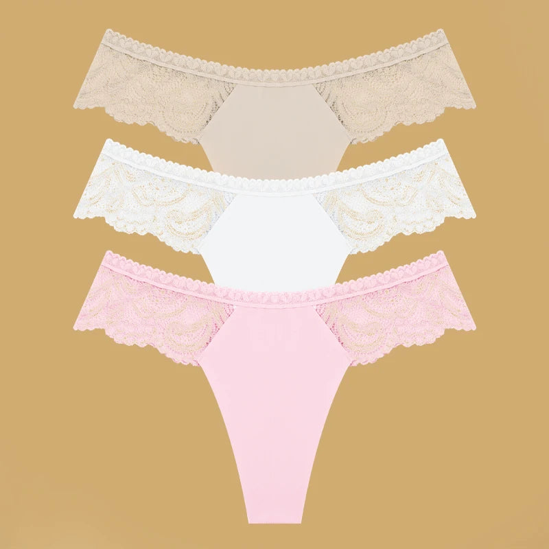 3Pcs Seamless Stretch Thongs Women Comfort Patchwork Lace Panties Female Low-Waist G-string High Quality Floral Soft Lingerie