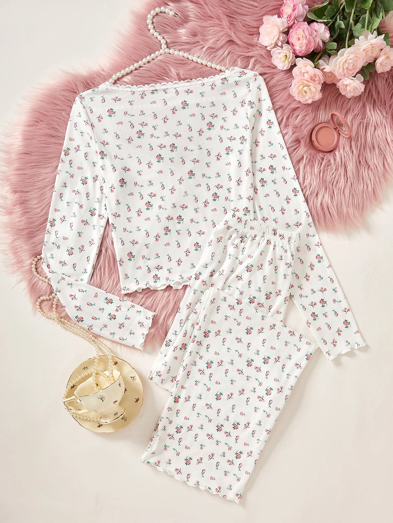 Women's Sleepwear Ditsy Floral Print Lettuce Trim PaJamas Set Elastic Waistband Loungewear Full Sleeve Nightwear