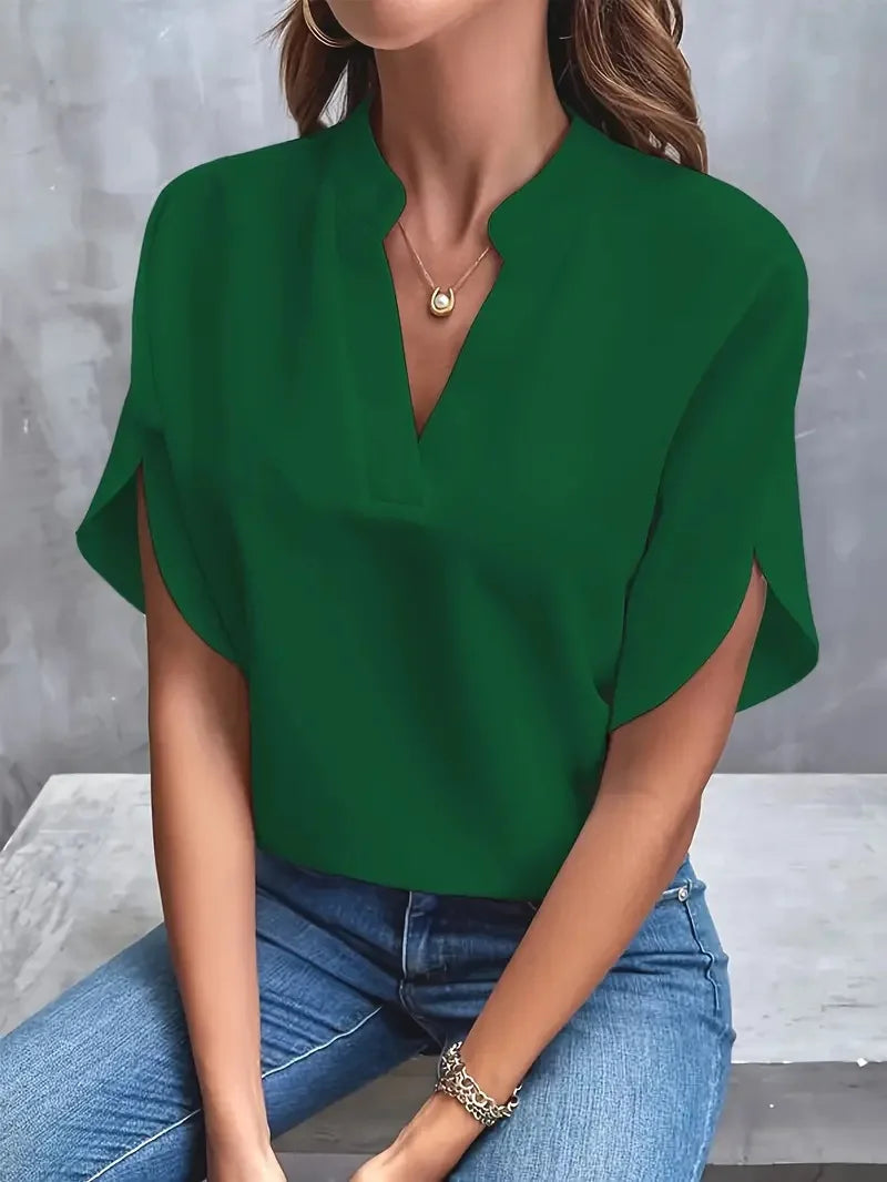 Women's solid color short sleeved top 2024 fashionable summer white casual temperament elegant style V-neck loose top for women