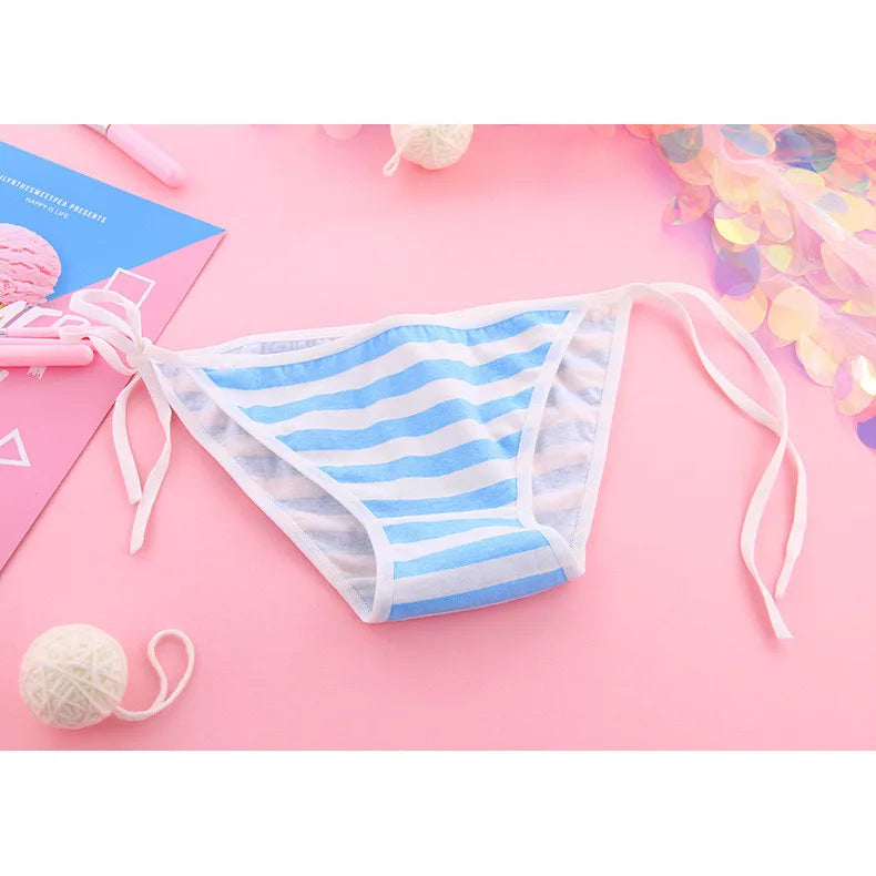 Adorable Kawaii Blue Pink and White Striped Panties Premium Cotton Briefs for Women Cos Lolita Maid Bandage Underwear Lingerie