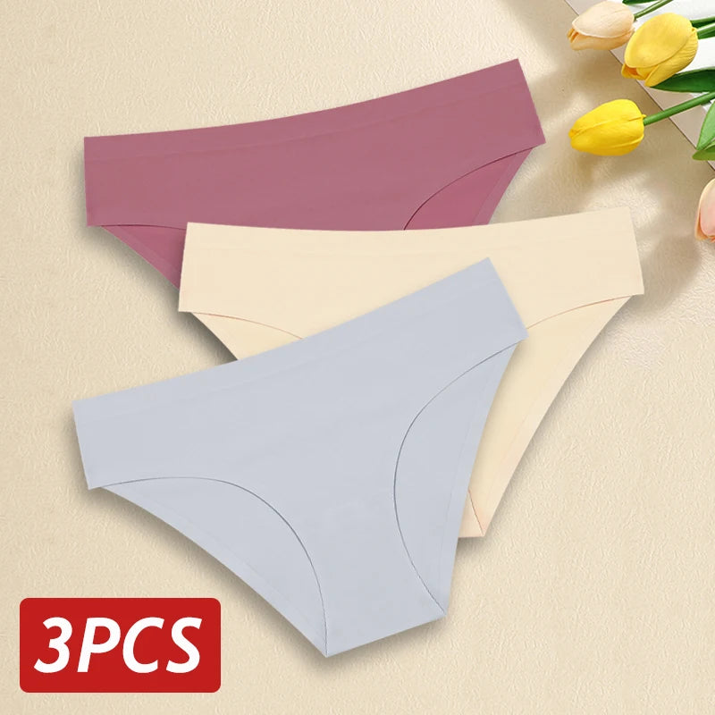 3PCS/Set Seamless Pantie For Women Low Rise Briefs 9 Solid Colors Ultra Thin Underwear Ice Silk Breathable Underpants Female