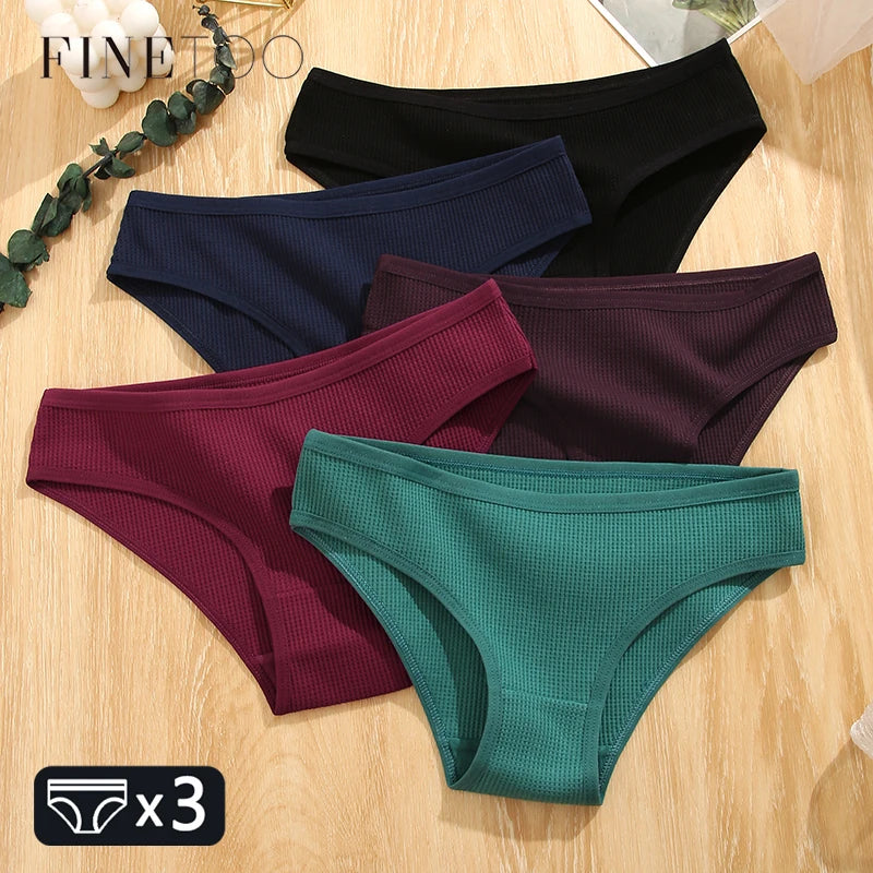 3Pcs Women Waffle Cotton Panties Low-Rise Comfortable