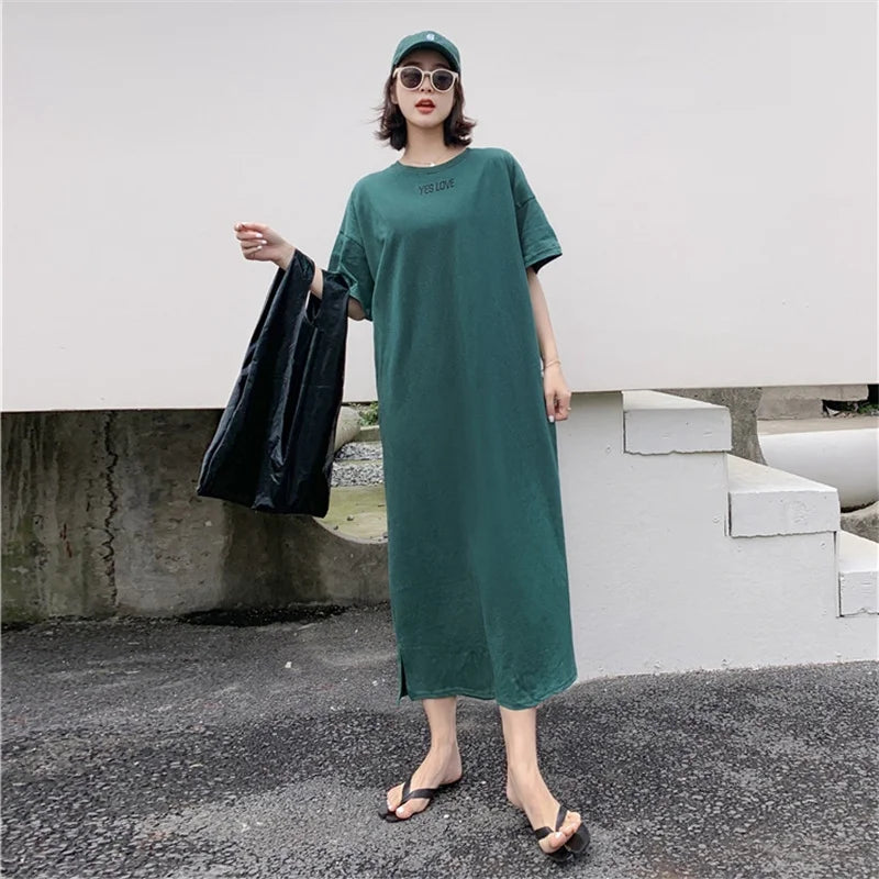 Summer Casual Plus Size T-shirt Dress Solid Color Side Slit Long Dresses for Women Loose Korean Female Clothing Homewear New