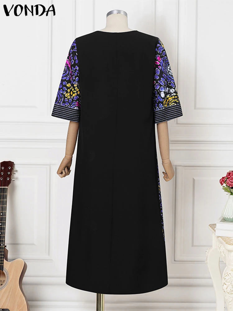 Plus Size Women Long Dress 2024 VONDA Vintage Half Sleeve Floral Printing Robes Maxi Dress Loose Oversize Vestido Streetwear