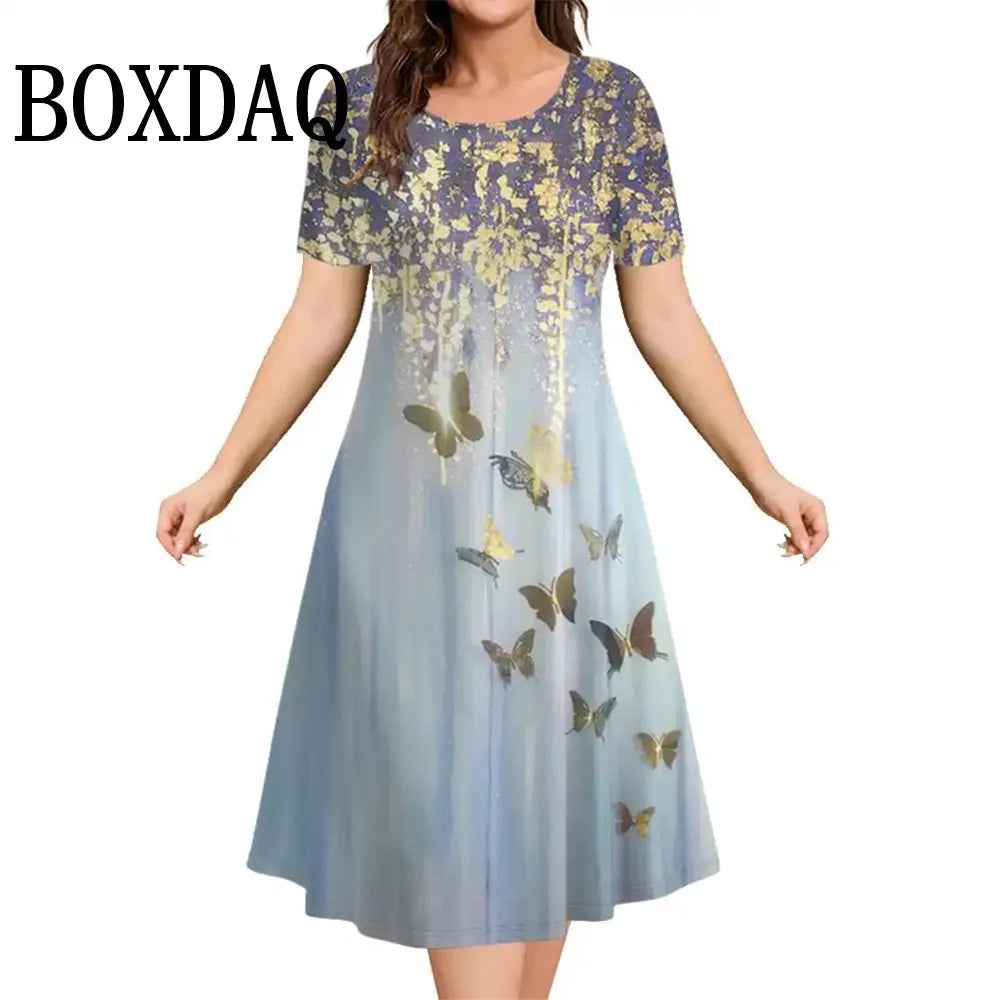 Fashion Elegant Women’S Dresses Loose A-Line Dress Women Short Sleeve Dress Flowers Print Casual Ladies Plus Size Clothing 9XL
