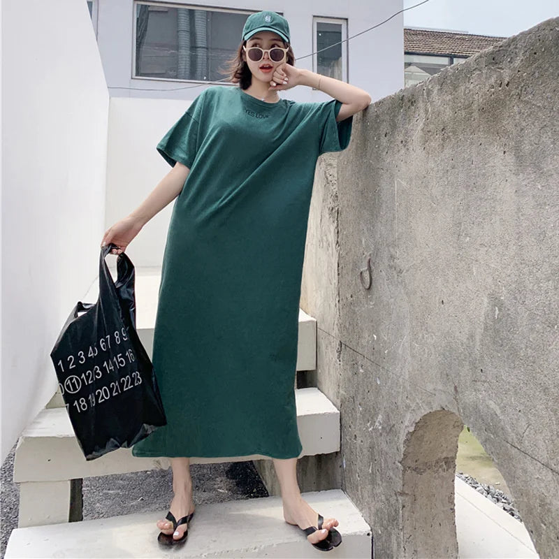 Summer Casual Plus Size T-shirt Dress Solid Color Side Slit Long Dresses for Women Loose Korean Female Clothing Homewear New