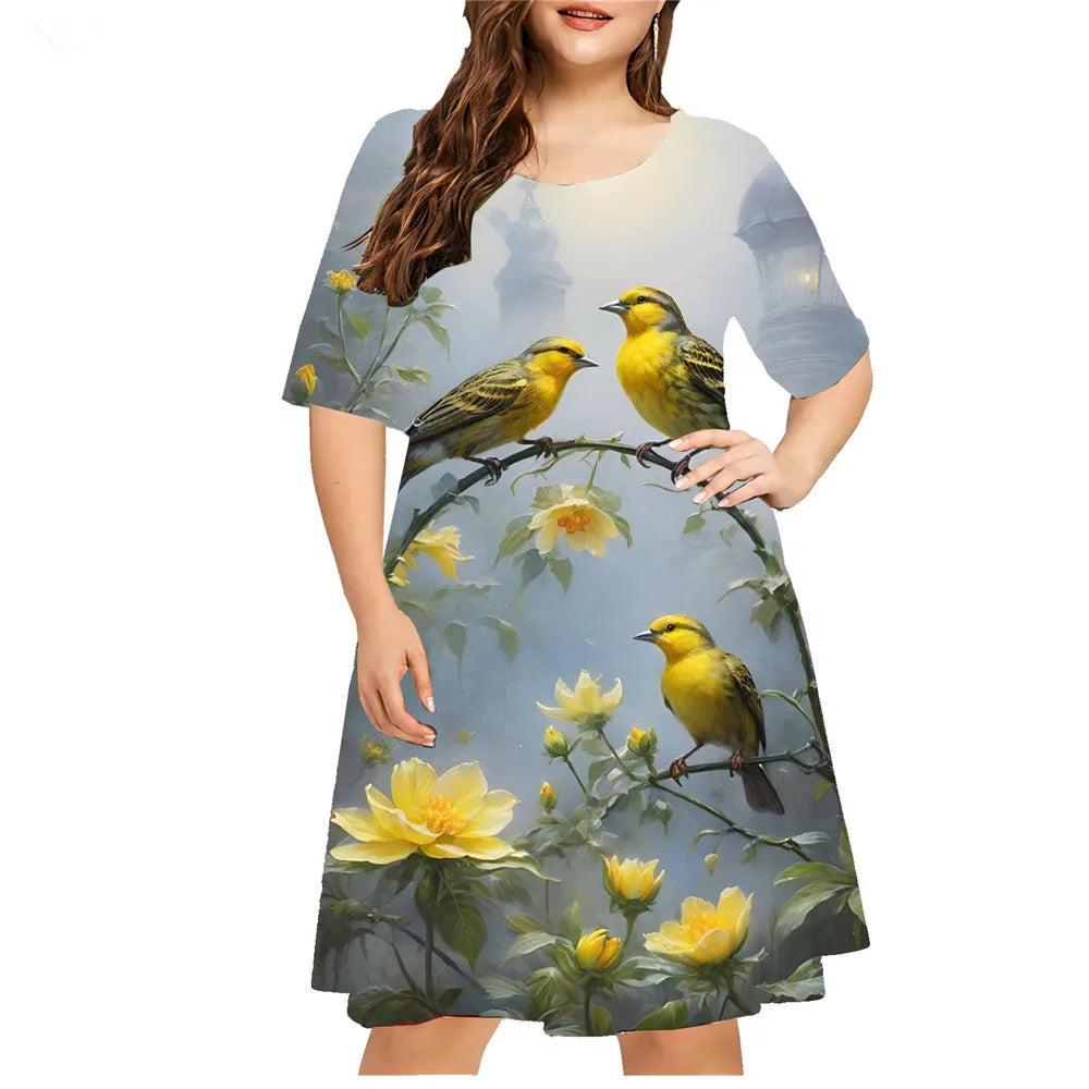 Animal Magpie 3D Printed Women Dresses Vintage Floral Short Sleeve Loose Plus Size Dress Casual Retro O-Neck Ladies Clothing 9XL